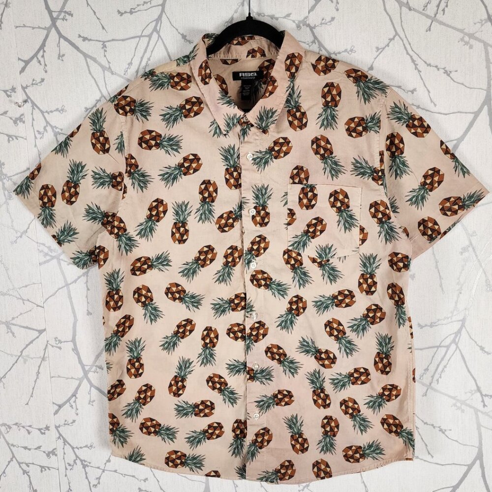 RSQ Beige Cotton Pineapples Printed Button Front Shirt